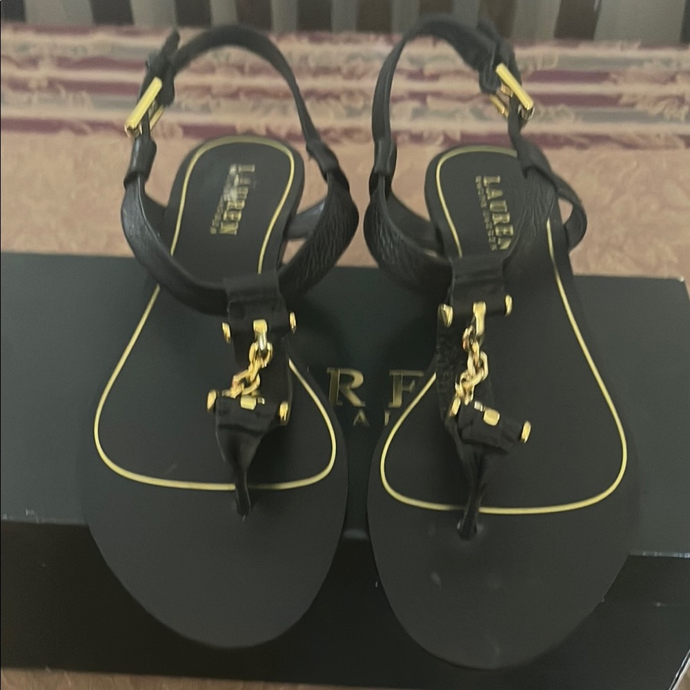 Ralph Lauren Black and Gold Slingback Sandals